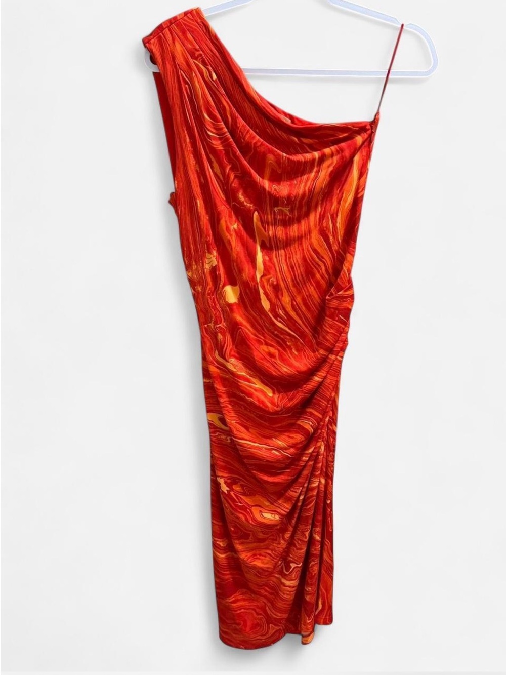 Michael Kors One Shoulder Ruched Midi Dress Red Orange Marble Print Size 6